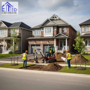 Workers and engineers completing grading work for residential approval in Markham.