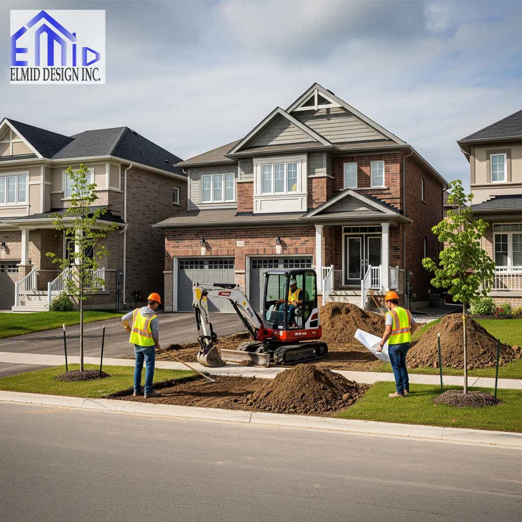 Workers and engineers completing grading work for residential approval in Markham.