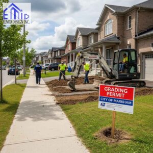 Construction crew working with grading permit in Markham residential area.