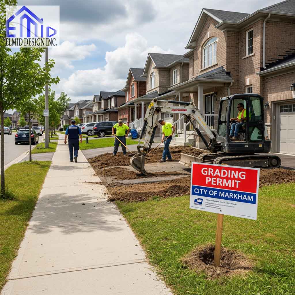 Construction crew working with grading permit in Markham residential area.
