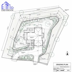 Grading plan Alliston showing residential property elevations, drainage flow, swales, and landscaping layout for municipal approval.