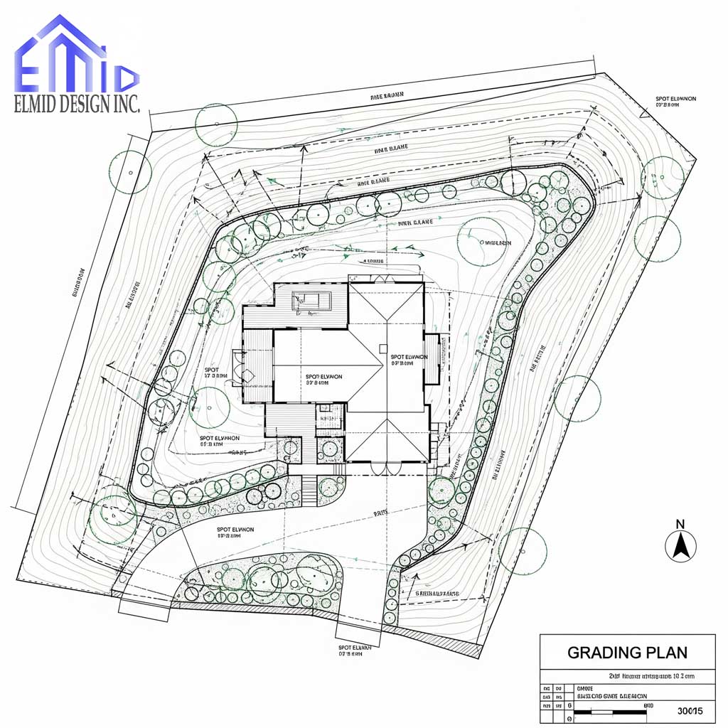 Grading plan Alliston showing residential property elevations, drainage flow, swales, and landscaping layout for municipal approval.