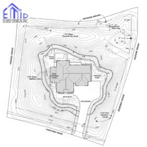 Grading plan for a residential building in Arthur showing drainage, slope, and elevation contours