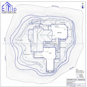 Grading plan Brampton showing residential lot elevations, drainage flow, and swale design for municipal compliance.