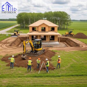 Construction team grading a residential lot in Bradford with excavators and survey equipment preparing the site for proper drainage and foundation work.