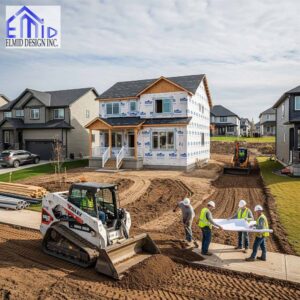 Grading plan Dundalk illustrated with residential construction site showing engineers managing drainage and land leveling.