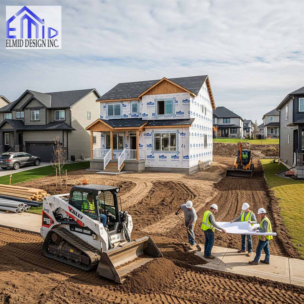 Grading plan Dundalk illustrated with residential construction site showing engineers managing drainage and land leveling.