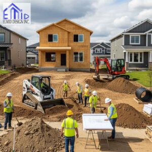 Grading plan Dundalk illustrated with residential construction site showing engineers managing drainage and land leveling.