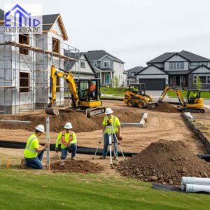 Construction site in Elora with engineers and equipment preparing land grading for drainage and municipal compliance.