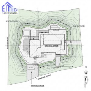 Grading plan for residential building in Georgetown Ontario by Elmid Design Inc showing drainage flow, proposed grade, and elevations.