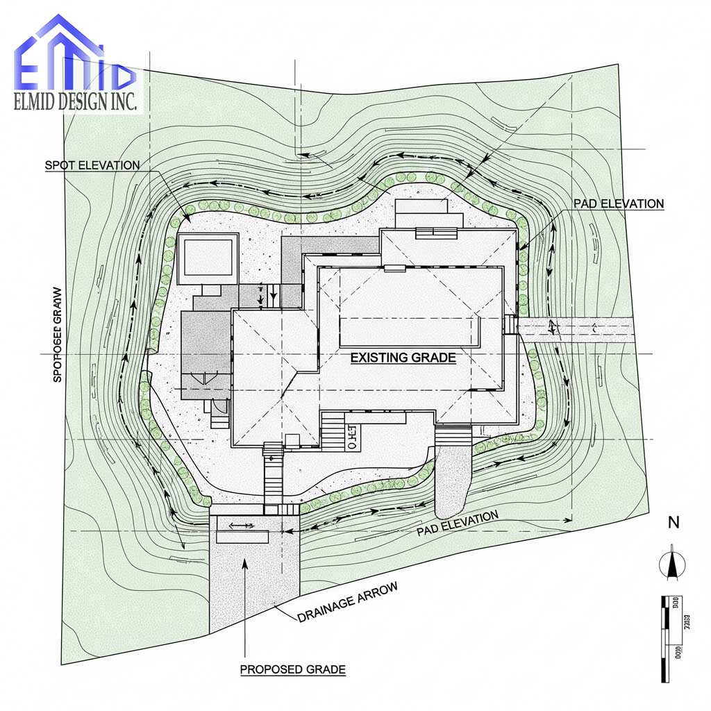 Grading plan for residential building in Georgetown Ontario by Elmid Design Inc showing drainage flow, proposed grade, and elevations.