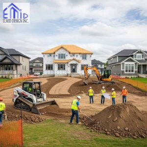 Grading plan Grand Valley shown during residential construction with engineers managing site drainage and land leveling.