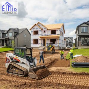 Grading plan Milton with engineers and equipment shaping land for proper drainage and compliance during residential development.