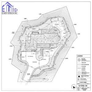 Exterior grading plan for a residential property in Mississauga showing elevations, slopes, and drainage layout for permit approval.