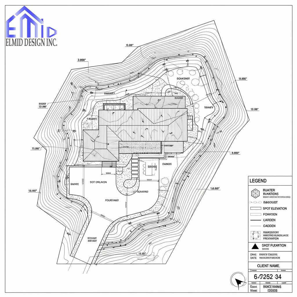 Exterior grading plan for a residential property in Mississauga showing elevations, slopes, and drainage layout for permit approval.