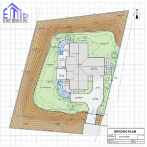Grading plan Orangeville showing residential lot elevations, swales, and drainage layout for municipal compliance.