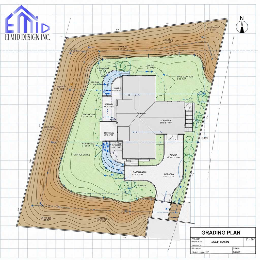 Grading plan Orangeville showing residential lot elevations, swales, and drainage layout for municipal compliance.
