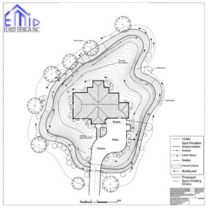 Architectural grading plan for a residential property in Tottenham showing swales, elevations, and drainage layout