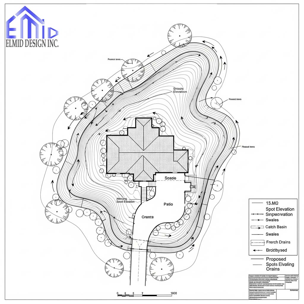 Architectural grading plan for a residential property in Tottenham showing swales, elevations, and drainage layout