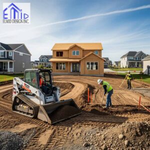 Construction crew performing residential site grading in Vaughan with compact equipment and slope preparation for drainage compliance