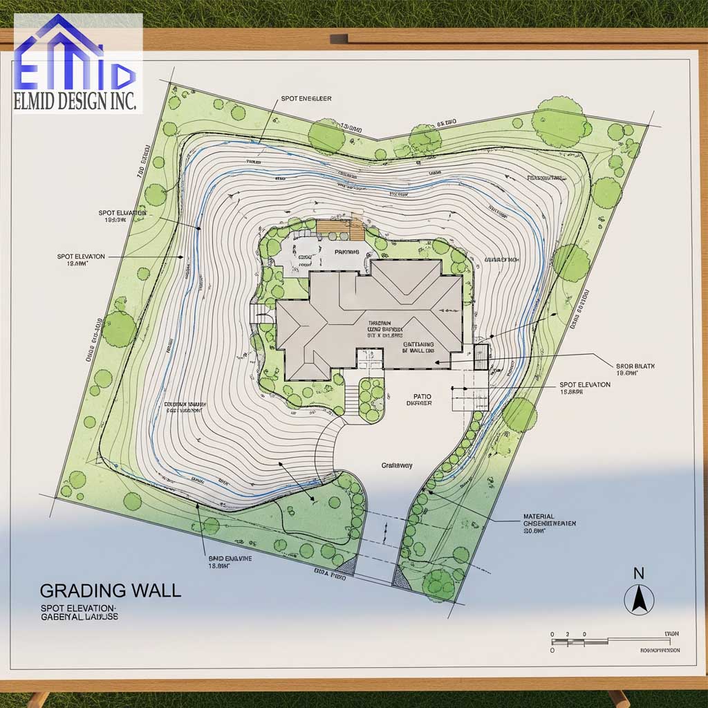 Grading plan Waterloo designed by Elmid Design Inc showing elevations, slopes, and drainage layout.