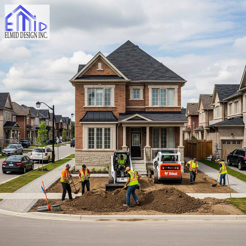 Workers preparing residential property for lot grading plan in Markham to ensure proper drainage and compliance with city standards.