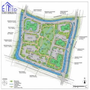 Stormwater management site plan in Newmarket with LID features by Elmid Design Inc including bioswales, permeable paving, and rain gardens