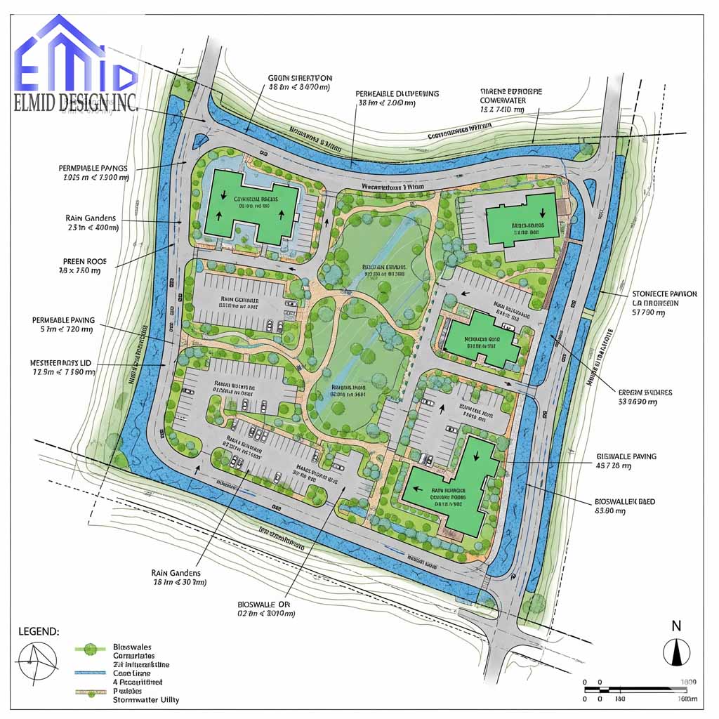 Stormwater management site plan in Newmarket with LID features by Elmid Design Inc including bioswales, permeable paving, and rain gardens
