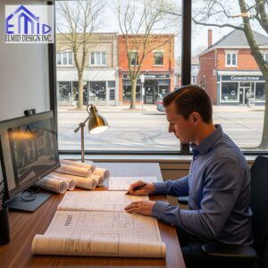 Engineer reviewing residential permit drawings for approval in Georgetown office