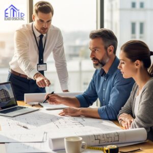 Professionals reviewing architectural drawings for permit plan assistance during a project consultation.