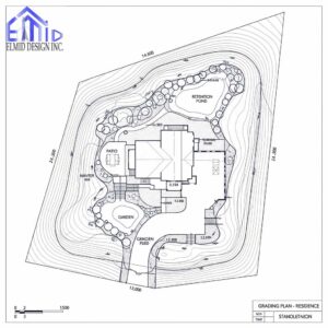 Detailed residential grading plan in Schomburg showing drainage contours, retention pond, patios, and landscaped garden features.