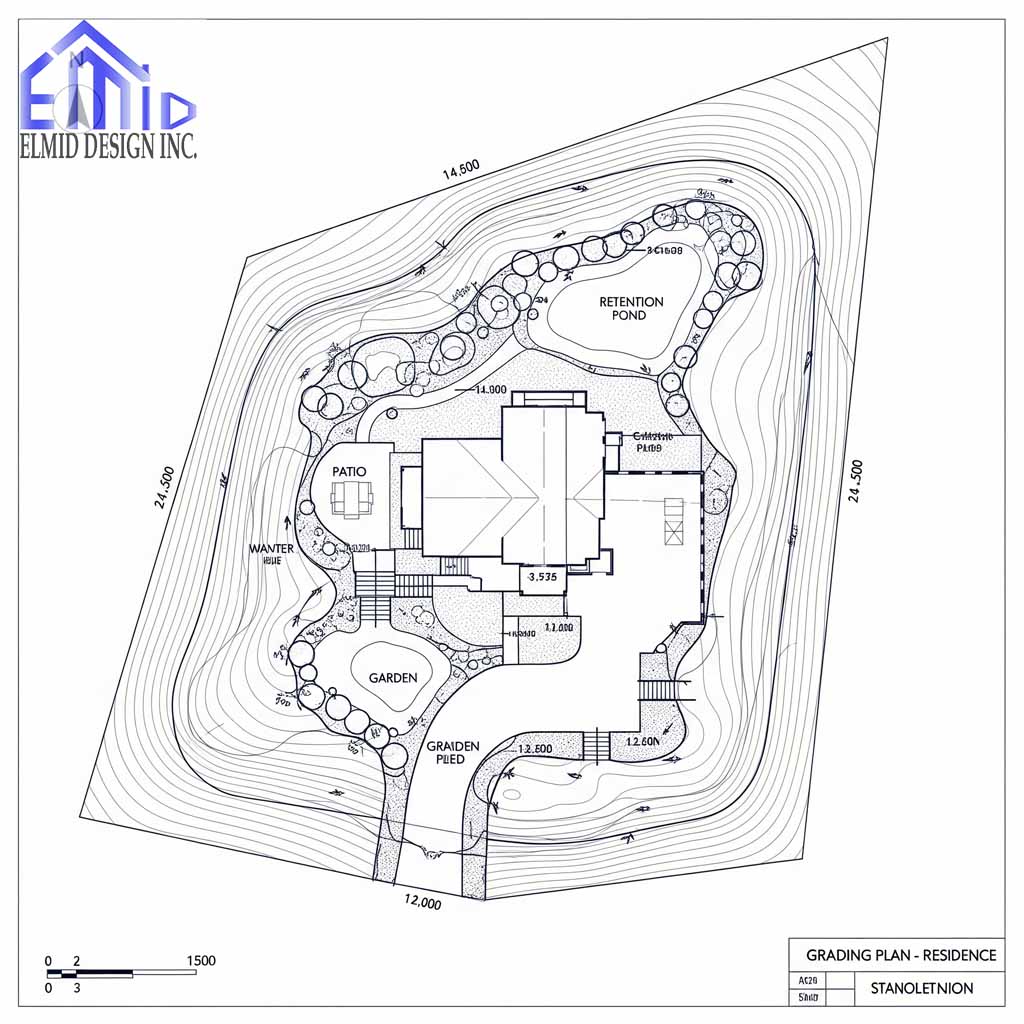Detailed residential grading plan in Schomburg showing drainage contours, retention pond, patios, and landscaped garden features.