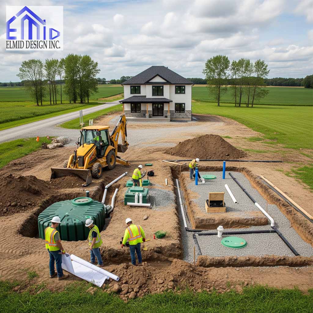 Septic system installation in progress for a new home in Schomburg with engineers and excavation equipment on site