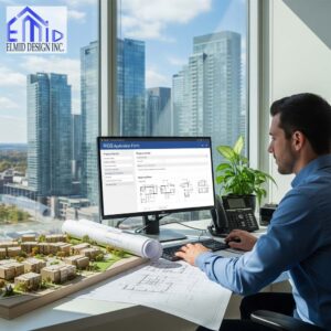 Engineer reviewing RIGS plan Markham grading and servicing application in office