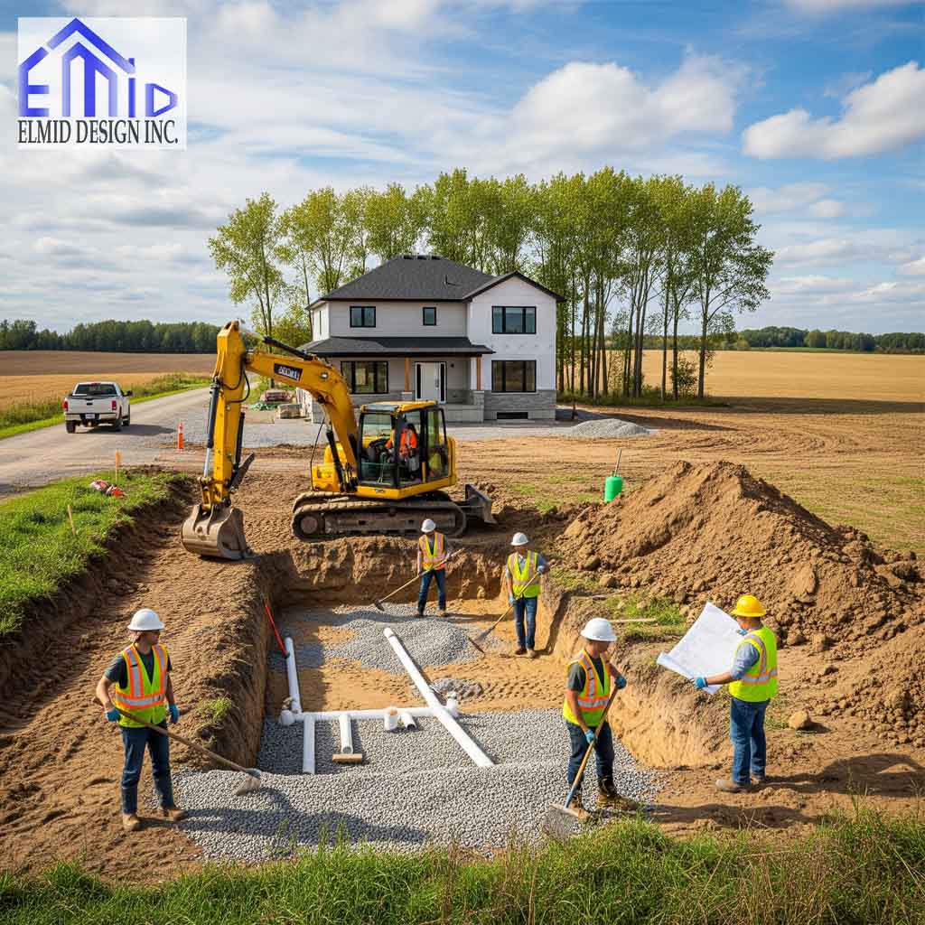 Engineers installing septic system design in Erin Ontario during new home construction