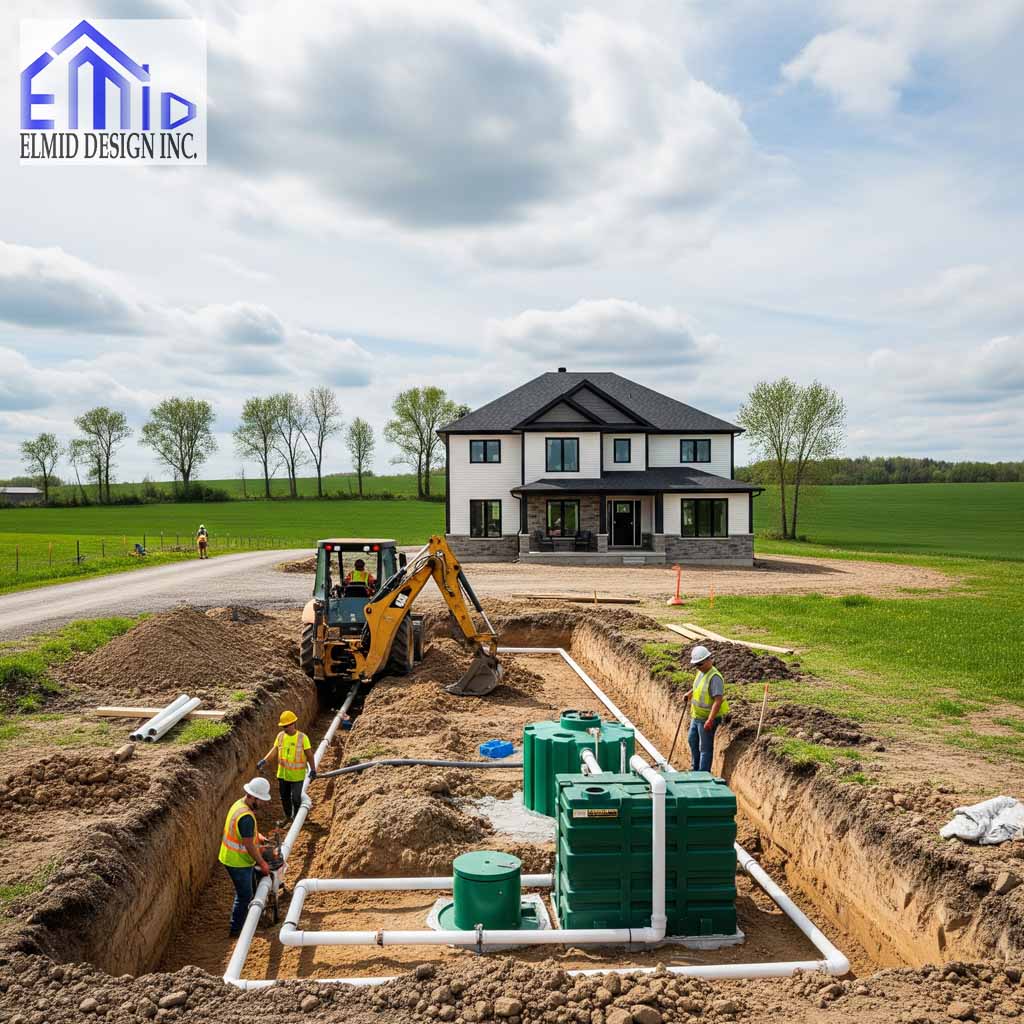 Septic system installation underway for a residential home in Bolton, Ontario, showcasing modern tank design and expert engineering.