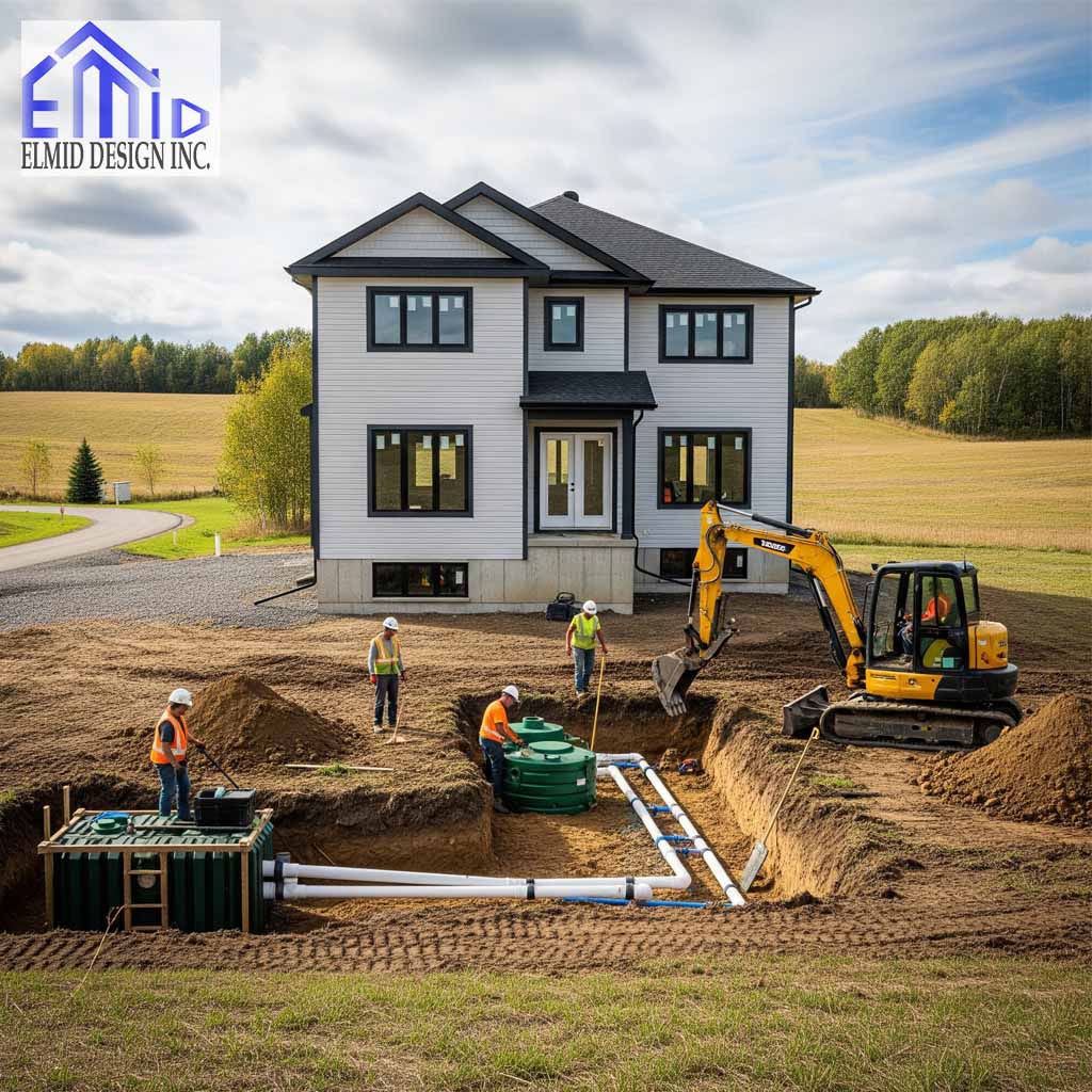 Engineers installing a septic system on a residential lot in Tottenham, Ontario, for a code-compliant septic design project.