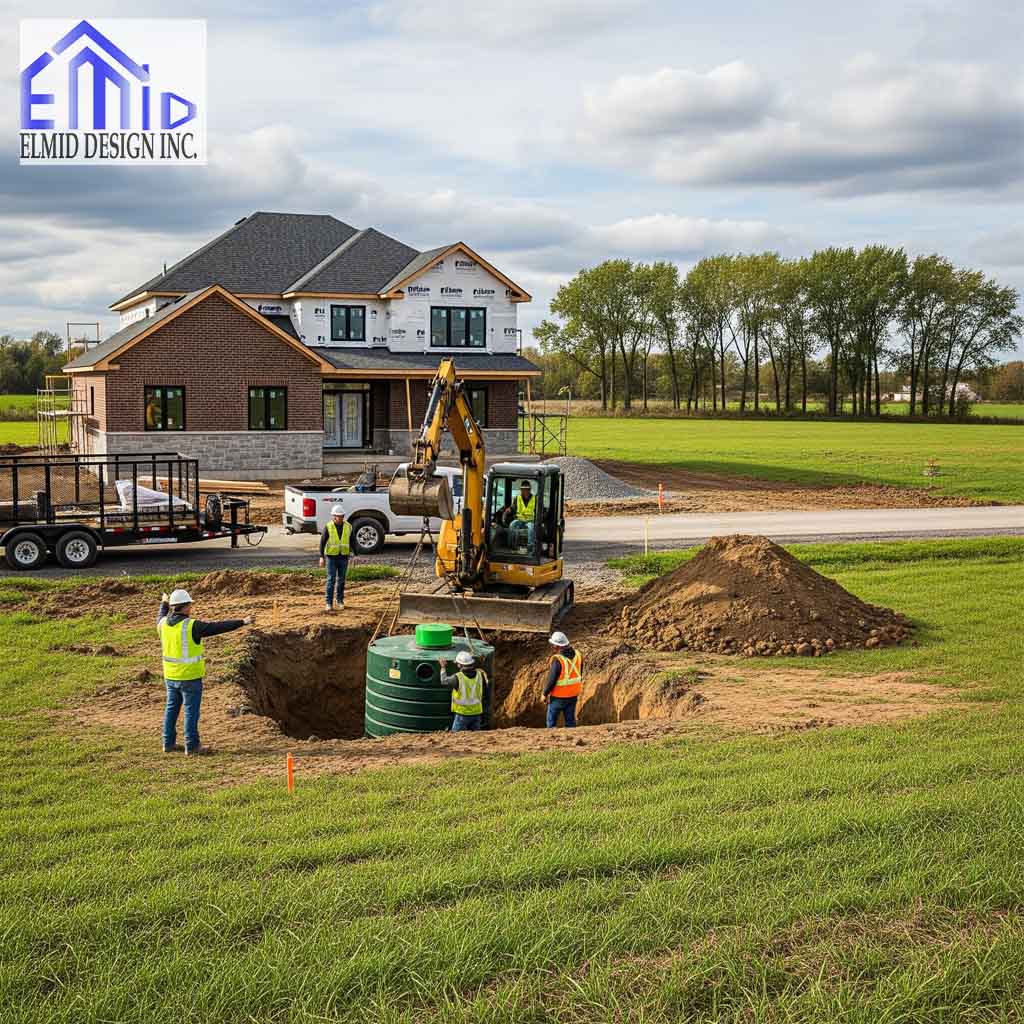 Septic system installation on a residential property in Vaughan showing tank placement and excavation by certified engineers.