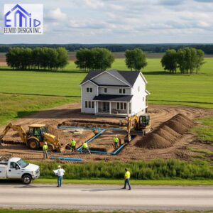 Crew constructing a septic system for a new rural home in Caledon with excavation equipment.