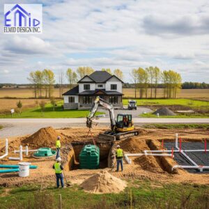Septic system installation underway on a residential property in Georgina with licensed crew and excavation equipment.