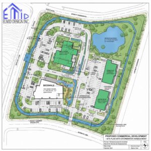 Proposed commercial development site plan in Markham featuring stormwater management design with bioswales, detention pond, permeable pavement, and green roofs.