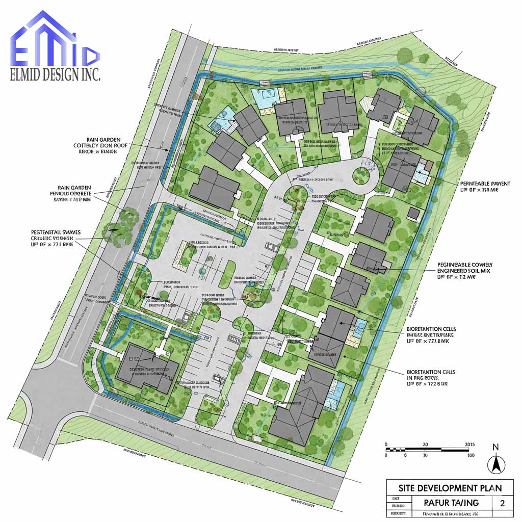Site development plan by Elmid Design Inc showing stormwater management design with rain gardens, permeable pavement, and bioretention cells in Toronto.