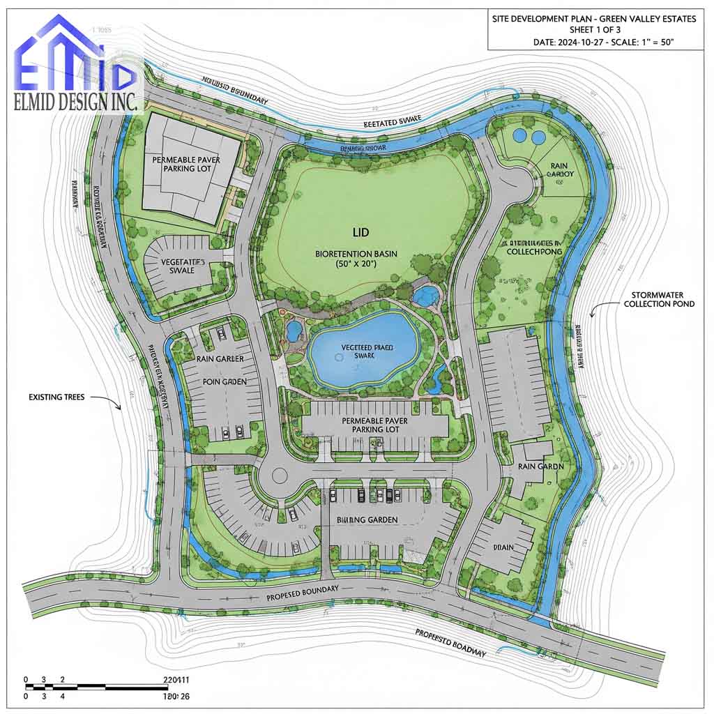 Site plan showing stormwater management design with LID features in Richmond Hill