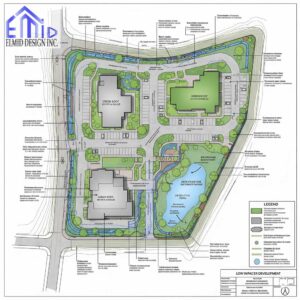 Elmid Design Inc site plan showing stormwater management Vaughan with detention pond, green roofs, and low impact development features.