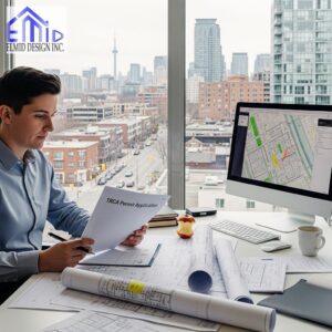 Engineer reviewing TRCA permit application and site plans in a Toronto office with zoning maps.