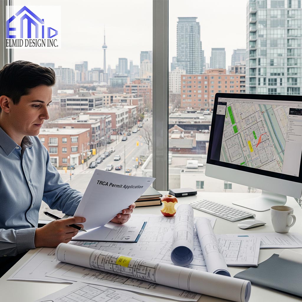 Engineer reviewing TRCA permit application and site plans in a Toronto office with zoning maps.