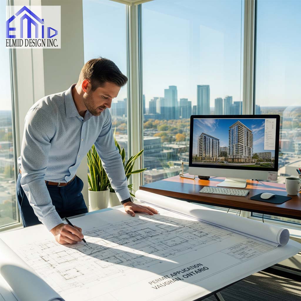 Engineer reviewing architectural drawings for Vaughan building permit application.