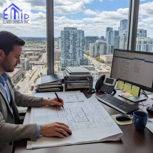Engineer reviewing building permit plans for a Vaughan construction project.