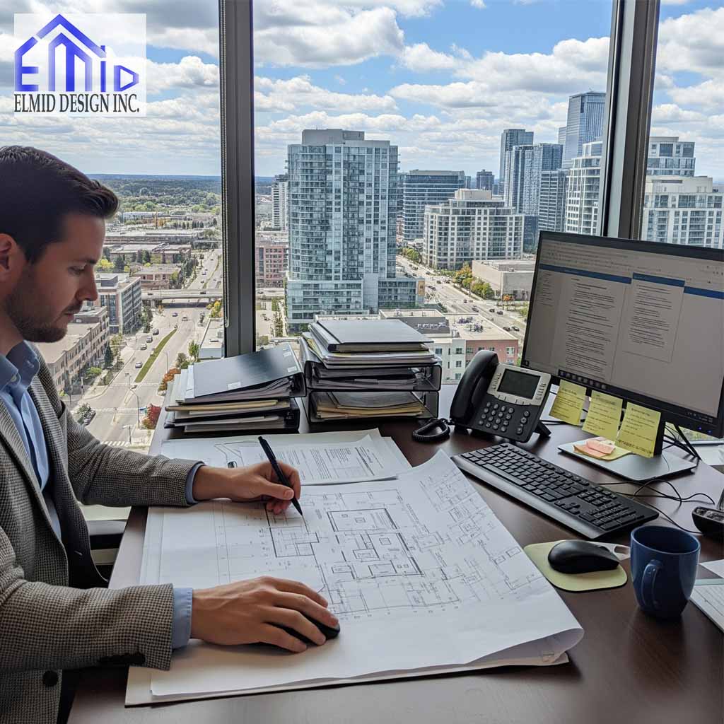 Engineer reviewing building permit plans for a Vaughan construction project.