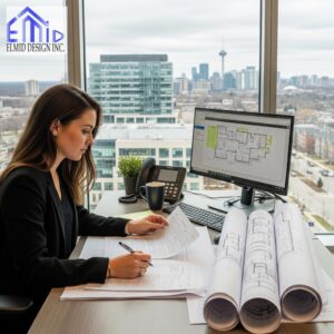 Engineer reviewing Vaughan permit application documents and architectural plans.